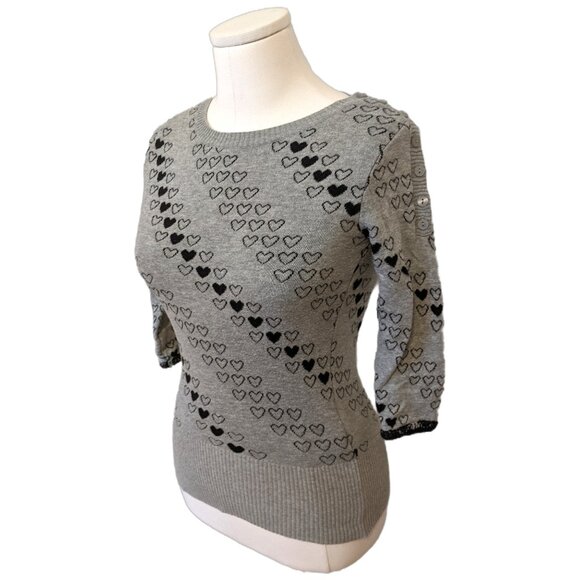 Vintage Y2K Grey Heart Sweater 3/4 Sleeve Cute Romantic Fall Crew Neck Sz S - Picture 3 of 9